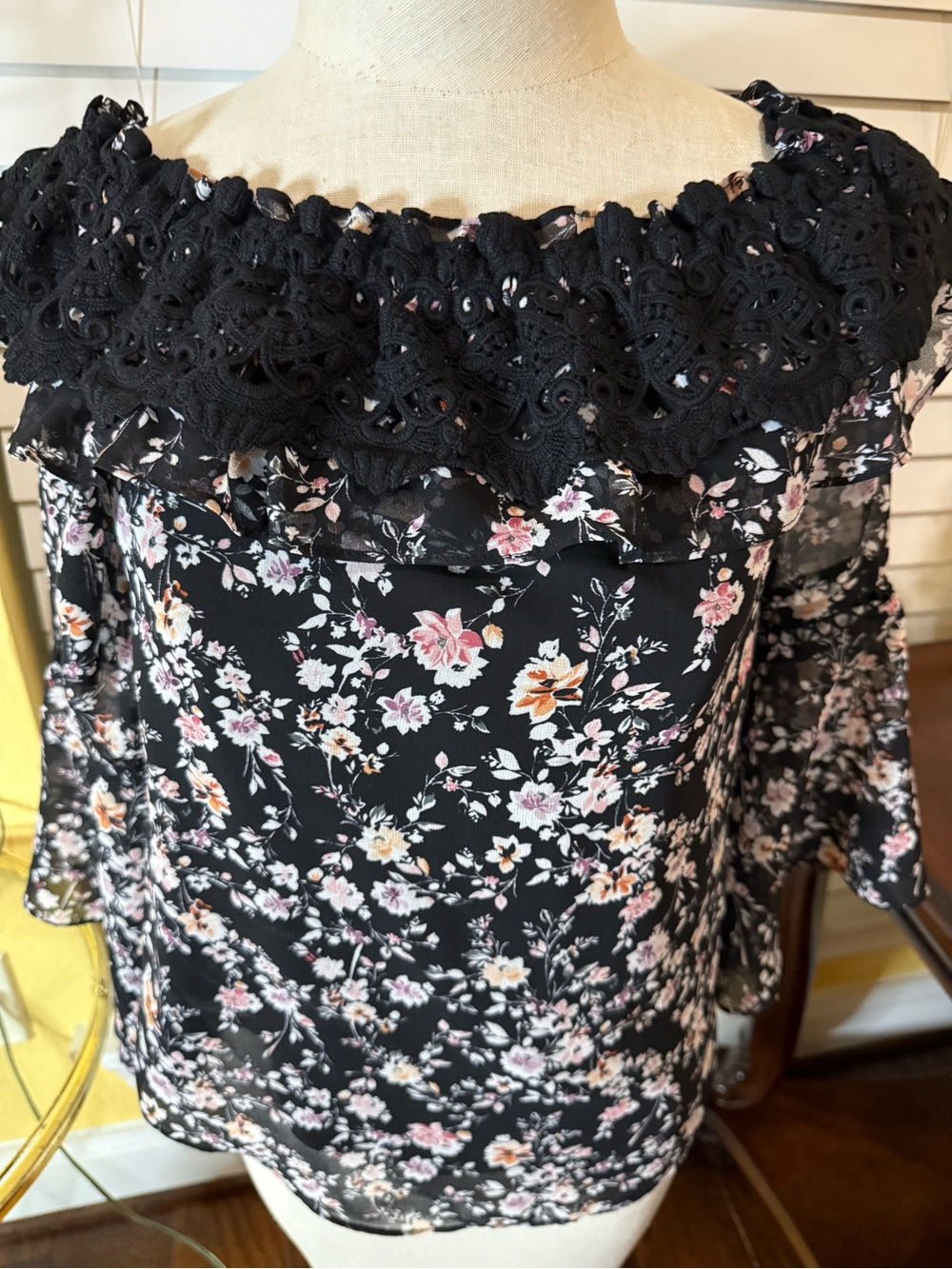 White House Black Floral Off-Shoulder Women's Top with Crochet Trim